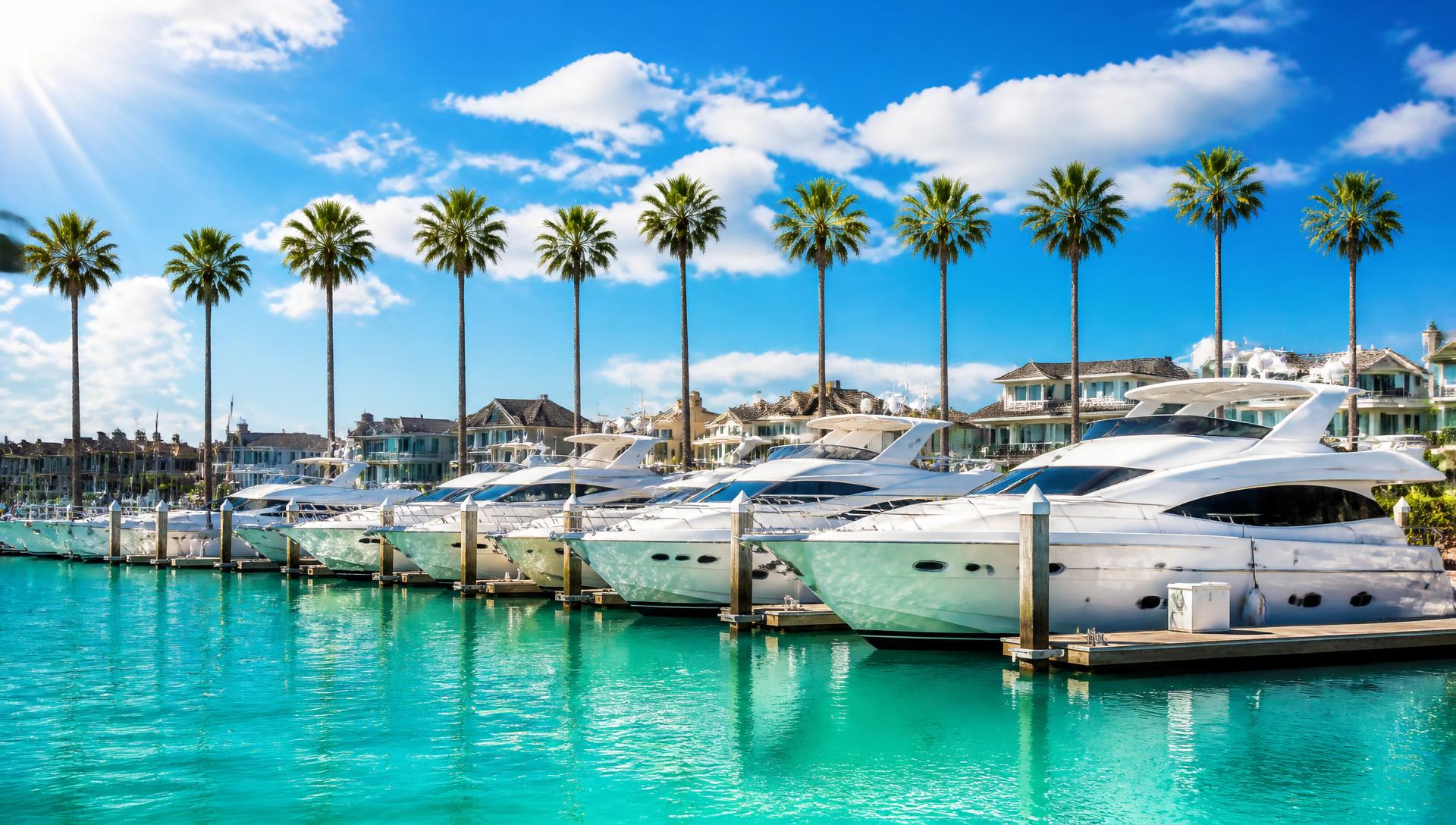 Newport Beach yacht club with eleven palm trees and white luxury yachts docking in turquoise water