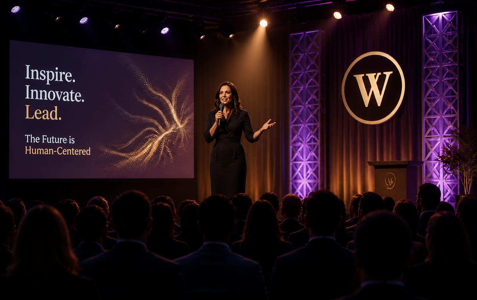 Keynote speaker on a conference stage with warm spotlight and professional audience