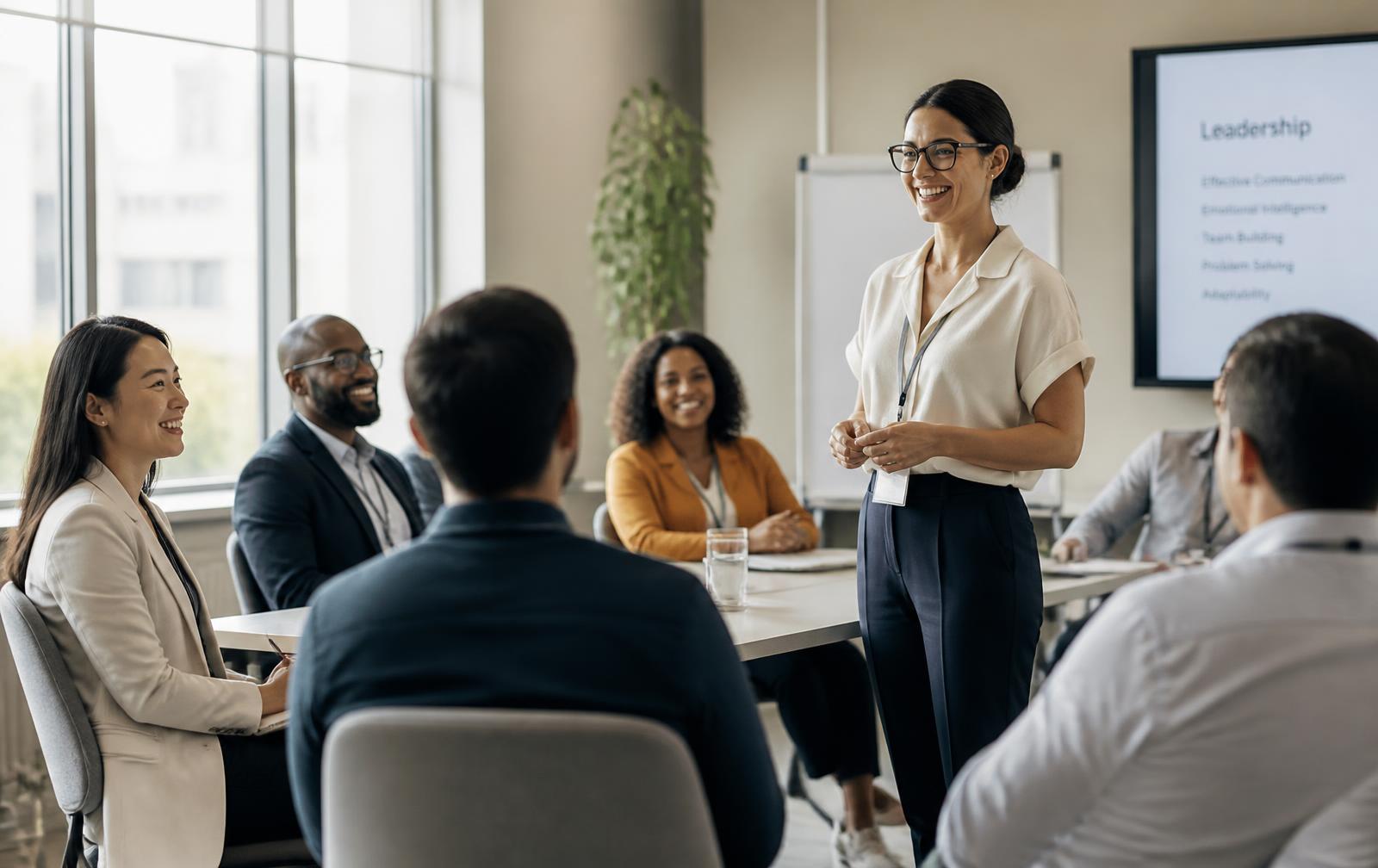 Business professionals engaged in a bright corporate workshop with natural light